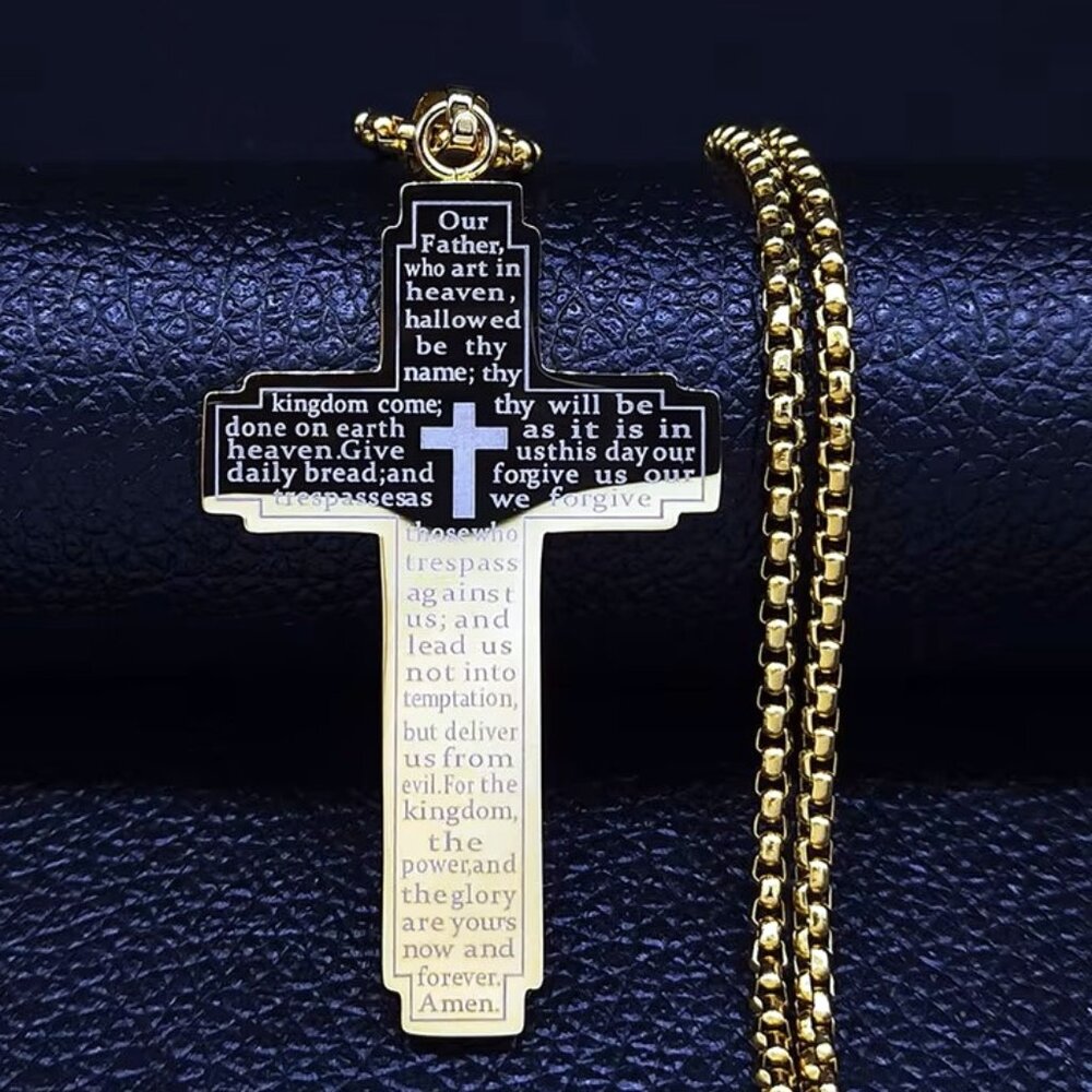 The Lords Prayer Crucifix Stainless Steel Gold Color Pendant 23" Chain, Jewelry